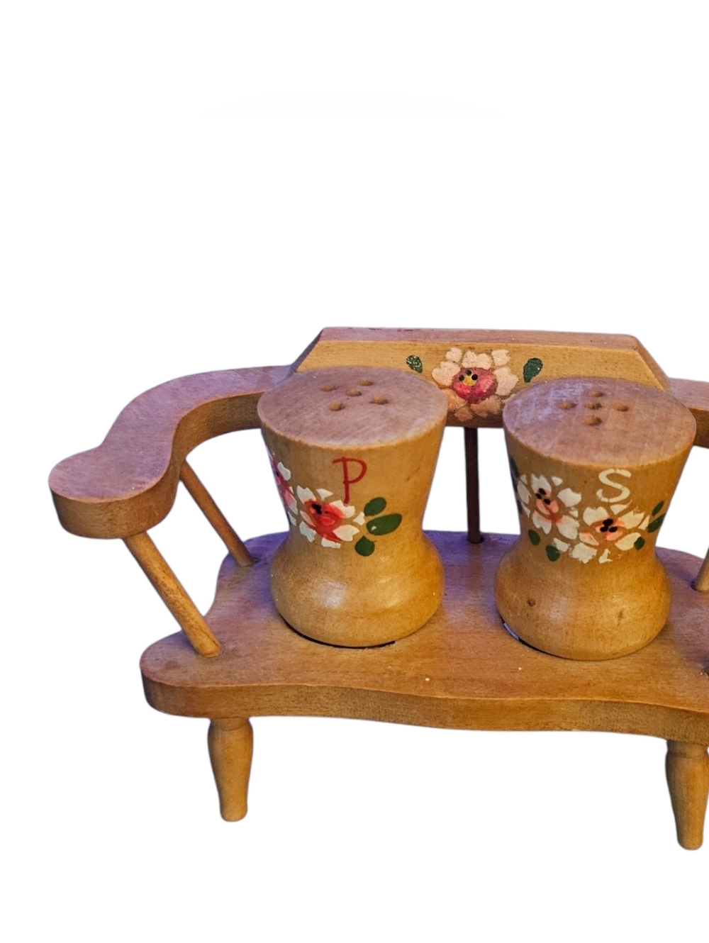 Rare Vintage 1940s 50s 60s Floral Wooden Bench Salt & Pepper Shaker Set
